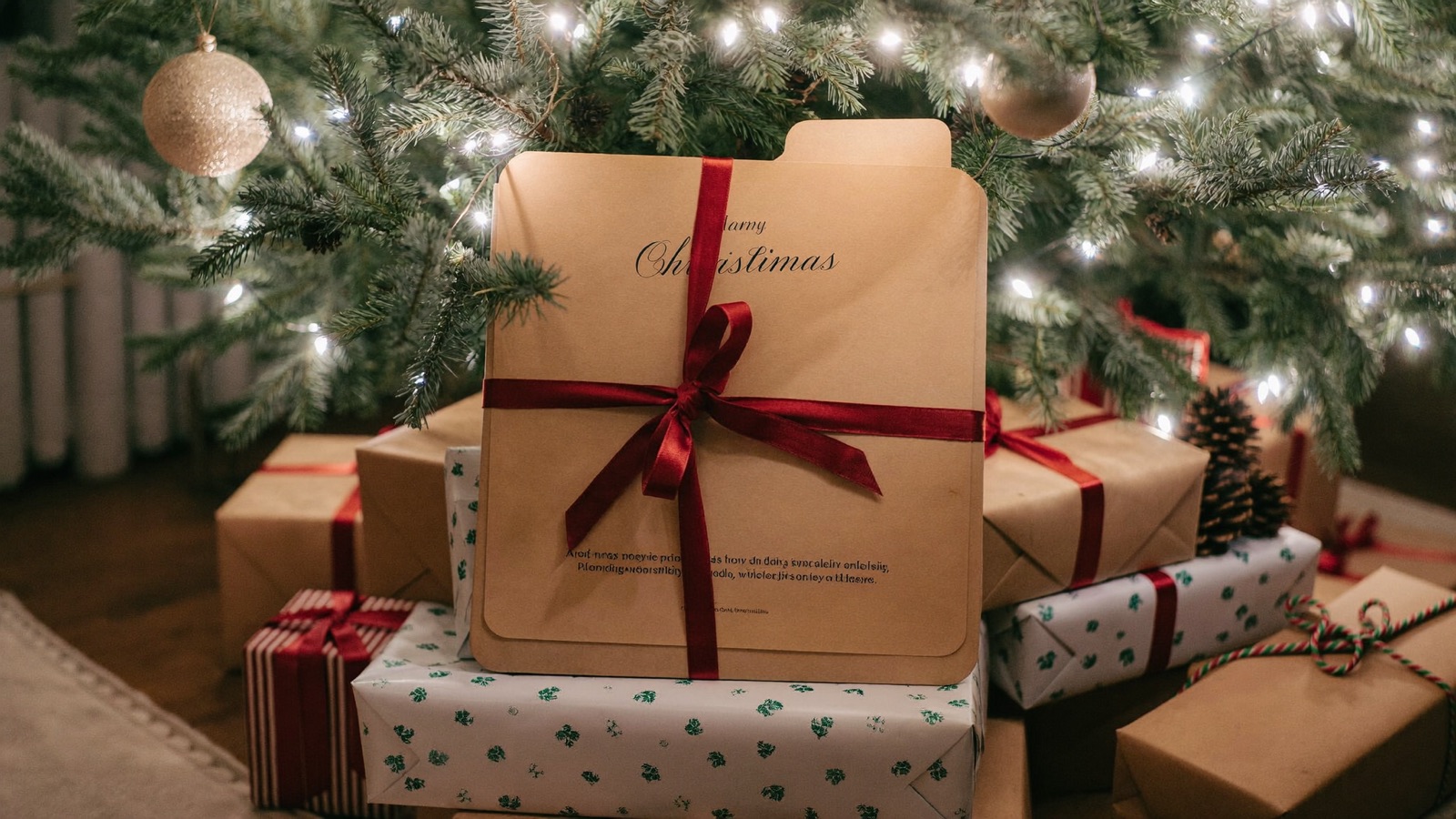 A manila case file folder tied with dark red ribbon under a Christmas tree with warm fairy lights