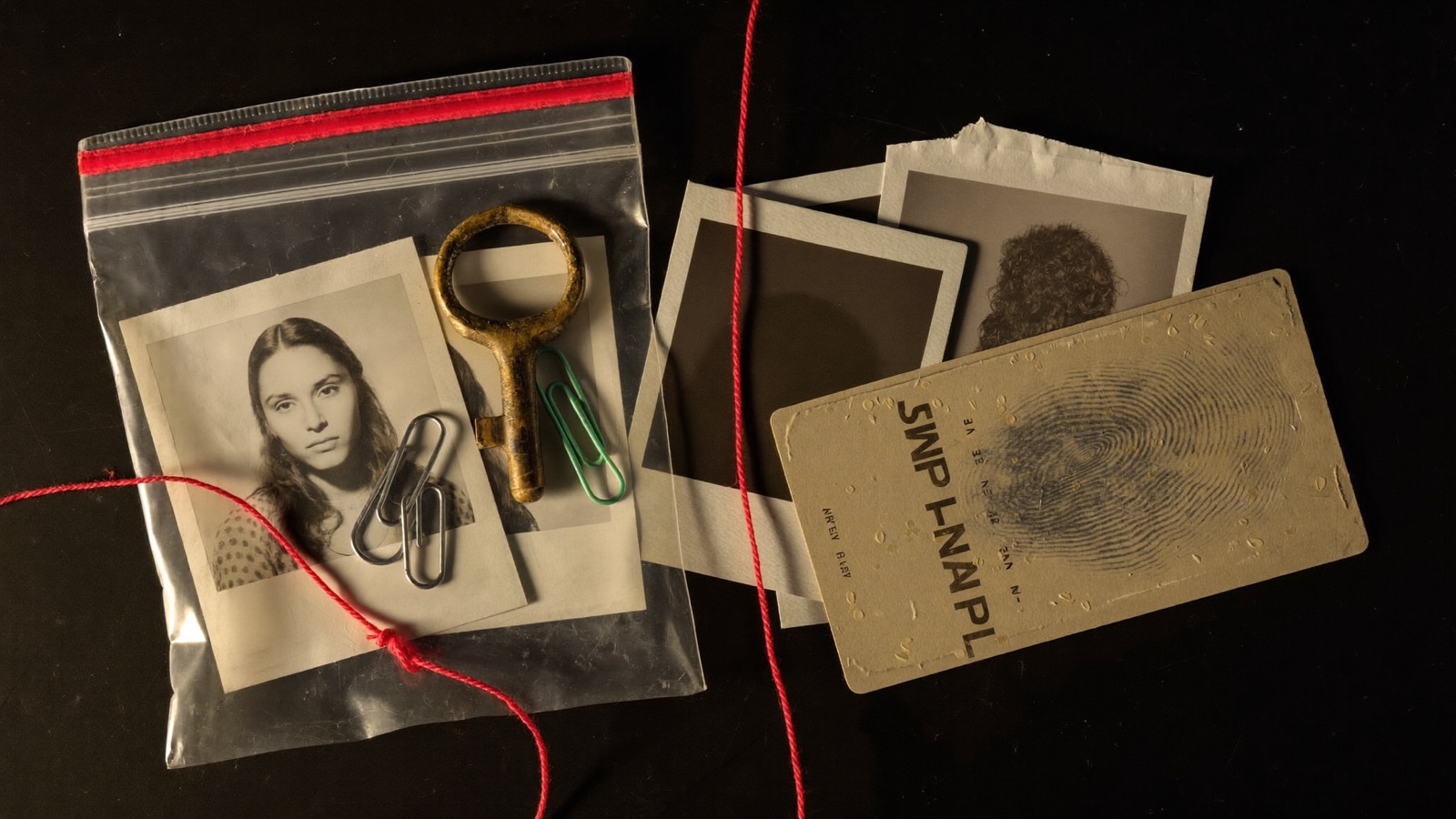 Detective game evidence on a dark desk: an evidence bag with a brass key, monochrome photographs, a fingerprint card and red string