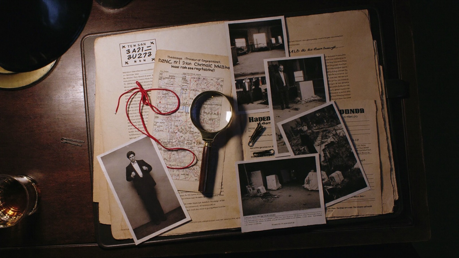An opened murder mystery case file spread across a dark desk: crime-scene photographs, witness statements, a street map, red string and a magnifying glass under warm lamp light