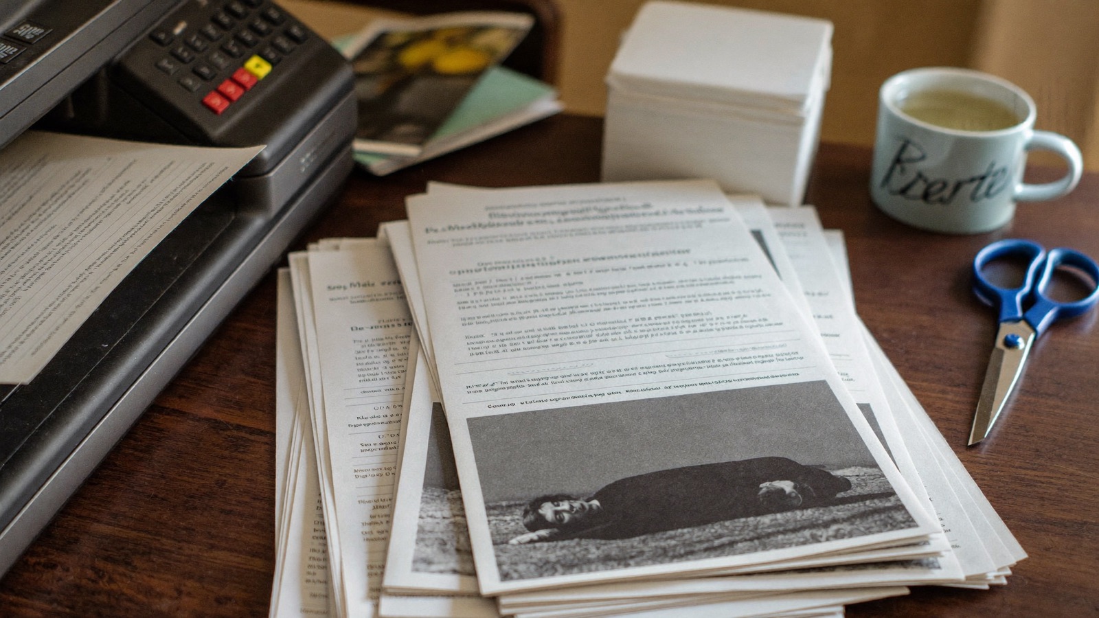 Freshly printed murder mystery case documents stacked beside a home printer in morning light